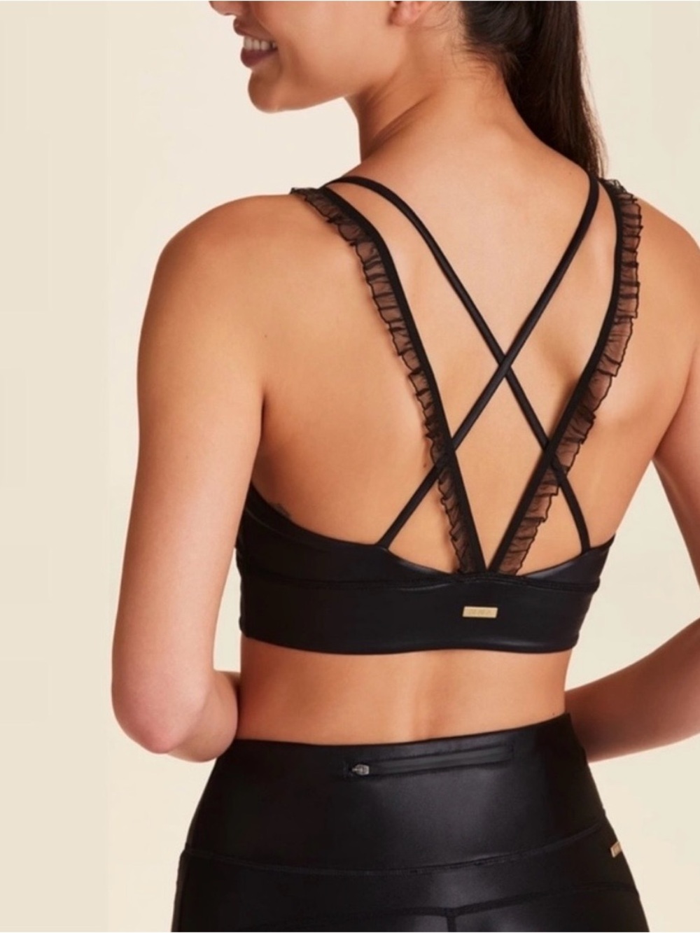 Alala Black Ruffle-Strap Crisscross Sports Bra